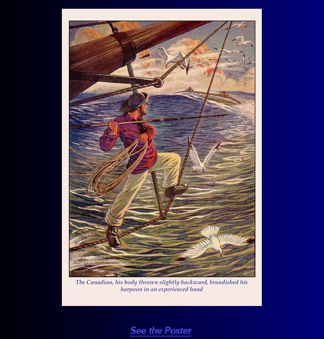Graphic poster: Ned Land under bowsprit of the Abraham Lincoln